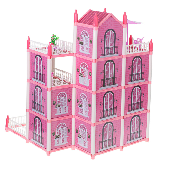 Casă de Păpuși DIY cu 4 Etaje, Mobilier, Grădină și 3 Terase, Vilă Roz pentru Păpuși, Set de Asamblat, 61 cm [7]