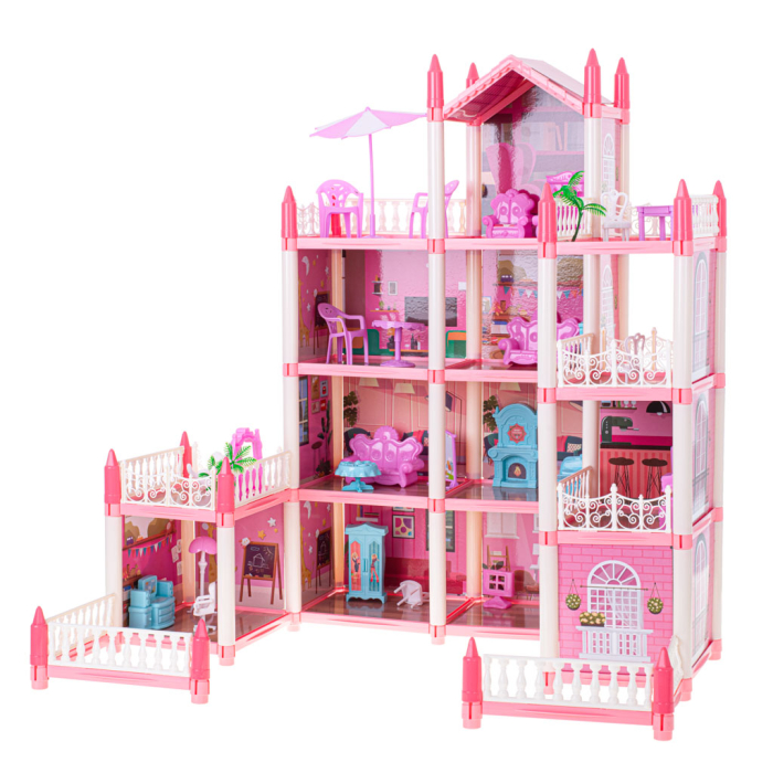 Casă de Păpuși DIY cu 4 Etaje, Mobilier, Grădină și 3 Terase, Vilă Roz pentru Păpuși, Set de Asamblat, 61 cm [5]