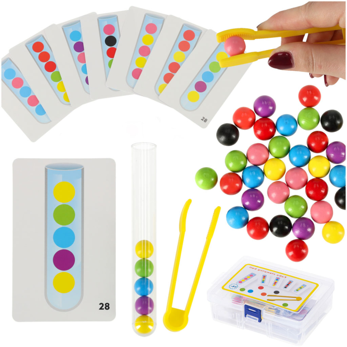 Joc Montessori XXL cu Bile Colorate, 66 Piese, Sortare și Numărare, Puzzle Educativ cu 40 Bile, Pensetă și 24 Carduri, Joc de Îndemânare [1]