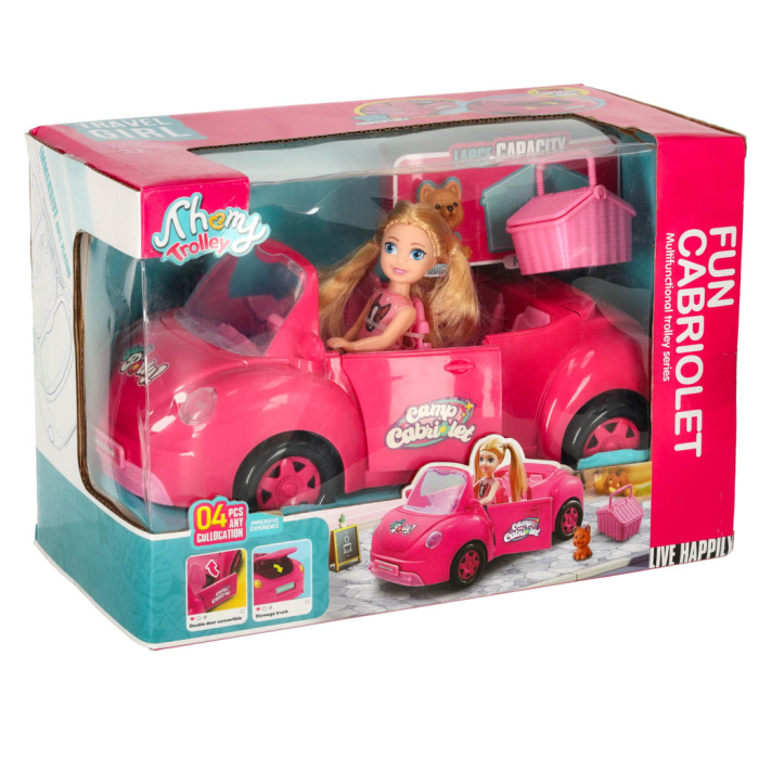 Mașină Decapotabilă pentru Păpuși cu Păpușă, Cățel și Coș de Picnic, Roz, Uși și Portbagaj Funcționale, 26 cm [2]