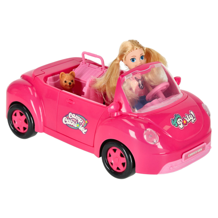 Mașină Decapotabilă pentru Păpuși cu Păpușă, Cățel și Coș de Picnic, Roz, Uși și Portbagaj Funcționale, 26 cm [3]