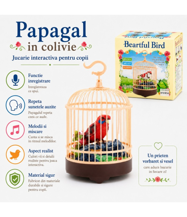Papagal Interactiv in Colivie cu Inregistrare si Repetare Vocala, Sunete si Miscare, Jucarie Electronica pentru Copii 3 Ani+ [2]