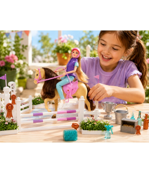 Păpușă Călăreață cu Cal de Jucărie și Accesorii pentru Îngrijire, Set Joc de Rol pentru Copii, Figurina Fashion, Multicolor, 3+ Ani [3]
