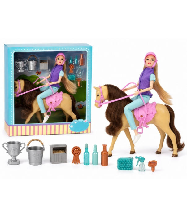 Păpușă Călăreață cu Cal de Jucărie și Accesorii pentru Îngrijire, Set Joc de Rol pentru Copii, Figurina Fashion, Multicolor, 3+ Ani [4]