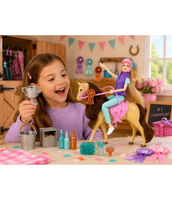 Păpușă Călăreață cu Cal de Jucărie și Accesorii pentru Îngrijire, Set Joc de Rol pentru Copii, Figurina Fashion, Multicolor, 3+ Ani [2]