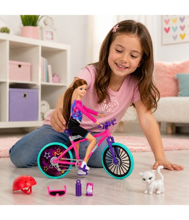 Păpușă Sportivă 33 cm cu Bicicletă, Cască și Animăluț, Set Joc de Rol pentru Copii, Multicolor, 3+ Ani [2]