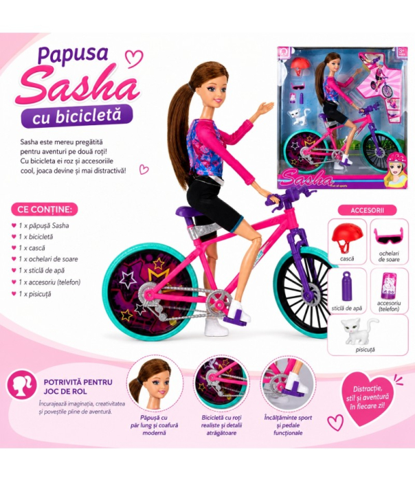 Păpușă Sportivă 33 cm cu Bicicletă, Cască și Animăluț, Set Joc de Rol pentru Copii, Multicolor, 3+ Ani [4]