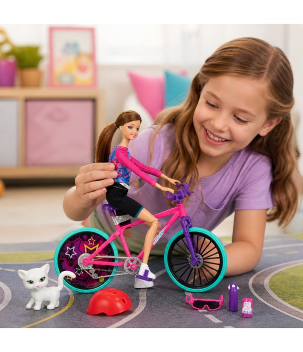 Păpușă Sportivă 33 cm cu Bicicletă, Cască și Animăluț, Set Joc de Rol pentru Copii, Multicolor, 3+ Ani [3]