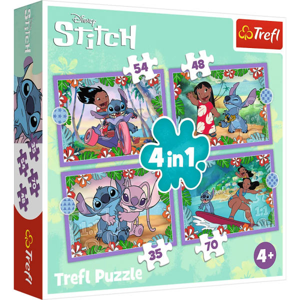 Puzzle carton 4in1 35, 48, 54, 70 piese Trefl Stitch - Ziua nebuna a lui Lilo & Stitch, 539395, 3+ ani [4]