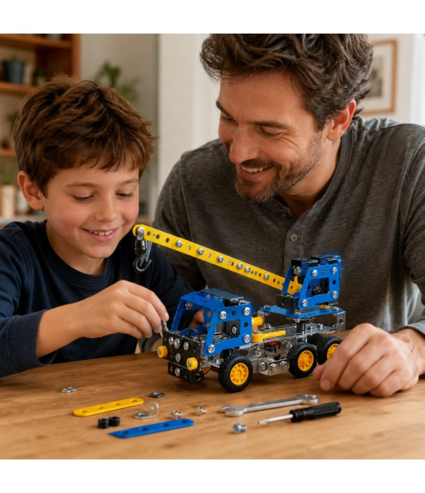 Set Constructie Metalic Camion Cu Macara, 181 Piese, Joc STEM Pentru Copii 6 Ani+, Model Heavy Truck De Asamblat, Brat Mobil Si Carlig [3]