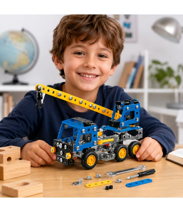 Set Constructie Metalic Camion Cu Macara, 181 Piese, Joc STEM Pentru Copii 6 Ani+, Model Heavy Truck De Asamblat, Brat Mobil Si Carlig [2]