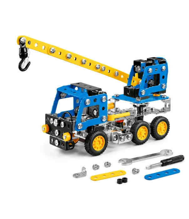 Set Constructie Metalic Camion Cu Macara, 181 Piese, Joc STEM Pentru Copii 6 Ani+, Model Heavy Truck De Asamblat, Brat Mobil Si Carlig [4]