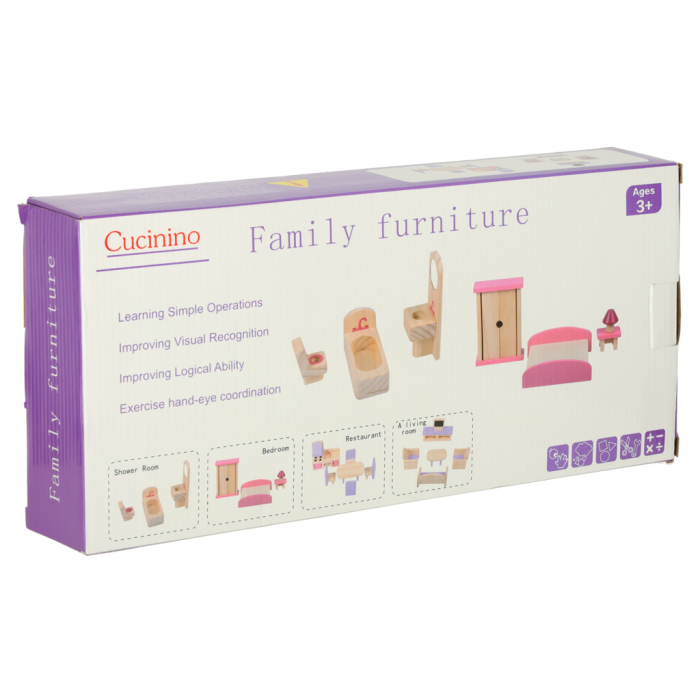 Set Mobilier din Lemn pentru Casă de Păpuși, 19 Piese, Dormitor, Living, Bucătărie și Baie, Mov și Roz, Accesorii Păpuși [2]