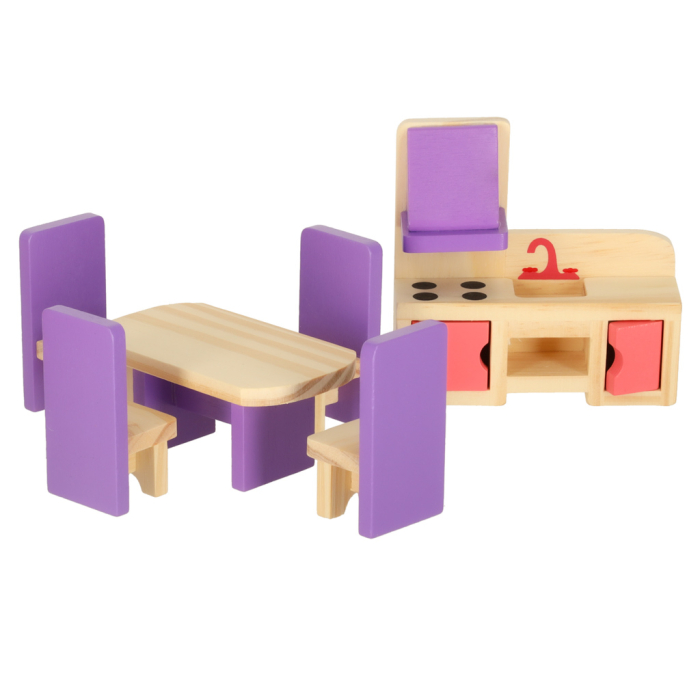 Set Mobilier din Lemn pentru Casă de Păpuși, 19 Piese, Dormitor, Living, Bucătărie și Baie, Mov și Roz, Accesorii Păpuși [8]