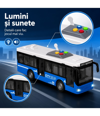 Jucării interactive - Autobuz Urban Interactiv Pentru Copii, Cu 4 Butoane, Lumini Si Sunete, Mecanism Cu Inertie, Roti Mobile, Jucarie Educativa