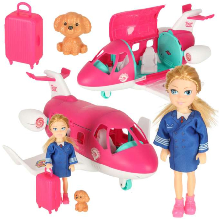 Jucarii de creatie si meserii - Avion pentru păpuși cu stewardesă și accesorii, set de călătorie cu valiză, cărucior și cățeluș,