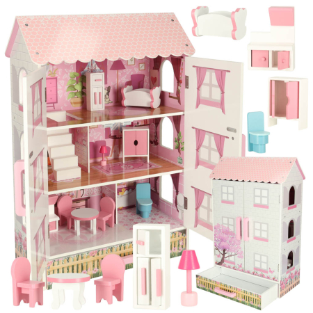 Jucării - Casă de Păpuși din Lemn Lulilo Papilio, 3 Niveluri, 4 Camere, Mobilier Inclus, Sertar pentru Depozitare, 80 cm, Roz și Alb