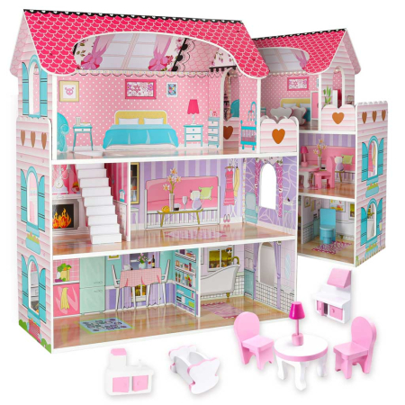 Căsuțe de păpuși și mobilier - Casă de Păpuși din Lemn MDF, 70 cm, 3 Etaje și 5 Camere, Mobilier Inclus, Iluminare LED