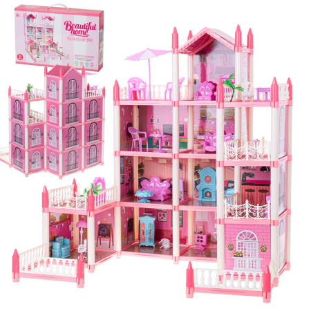 Jucării - Casă de Păpuși DIY cu 4 Etaje, Mobilier, Grădină și 3 Terase, Vilă Roz pentru Păpuși, Set de Asamblat, 61 cm