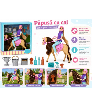 Păpuși - Păpușă Călăreață cu Cal de Jucărie și Accesorii pentru Îngrijire, Set Joc de Rol pentru Copii, Figurina Fashion, Multicolor, 3+ Ani