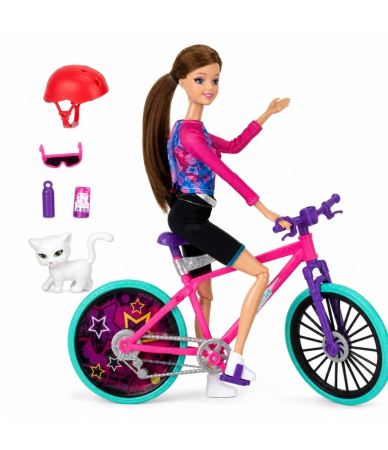 Păpuși - Păpușă Sportivă 33 cm cu Bicicletă, Cască și Animăluț, Set Joc de Rol pentru Copii, Multicolor, 3+ Ani