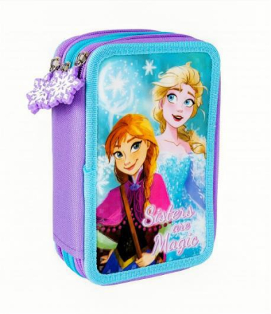 Produse - Penar școlar Disney Frozen, 3 compartimente, Albastru deschis/Mov, 20 × 14 × 6,5 cm