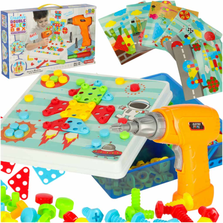 Jucarii de creatie si meserii - Set Construcție DIY cu Șuruburi și Bormașină, 261 Piese, Plăcuță de Asamblare, Șurubelniță și Cheie, Joc Educativ