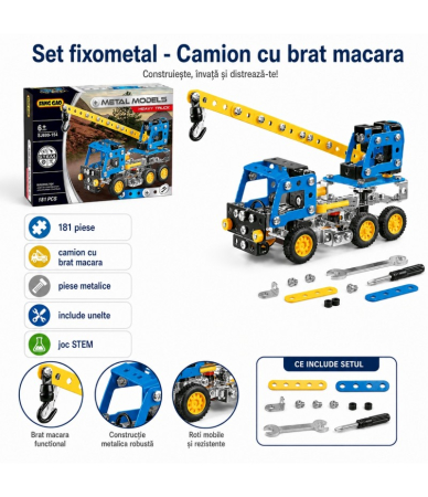 Jucarii de creatie si meserii - Set Constructie Metalic Camion Cu Macara, 181 Piese, Joc STEM Pentru Copii 6 Ani+, Model Heavy Truck De Asamblat, Brat Mobil Si Carlig