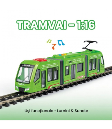 Jucării interactive - Tramvai Interactiv Verde Pentru Copii 3 Ani+, Scara 1:16, Cu Usi Care Se Deschid, Lumini, Sunete Si Frictiune, Vehicul Urban Realist