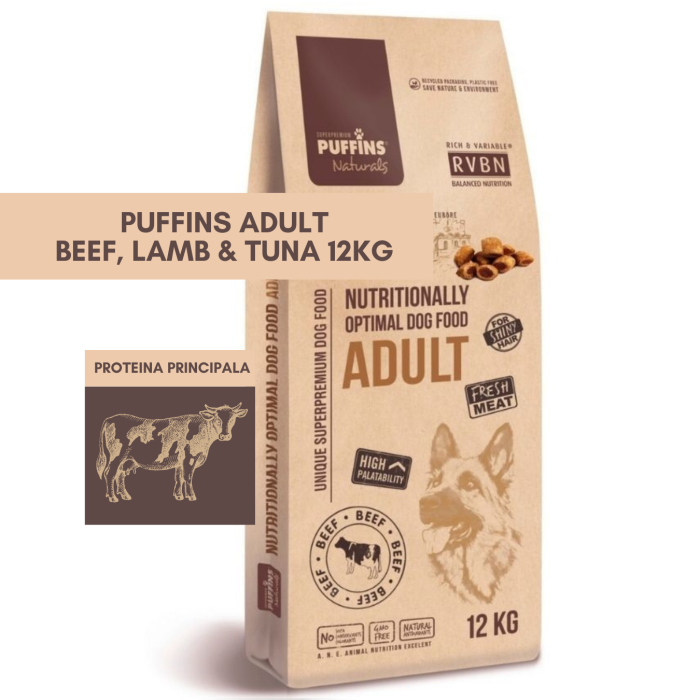Puffins Adult Beef, Lamb & Tuna 12KG ( Vita. Miel & Ton) Hrana Uscata Caini [1]