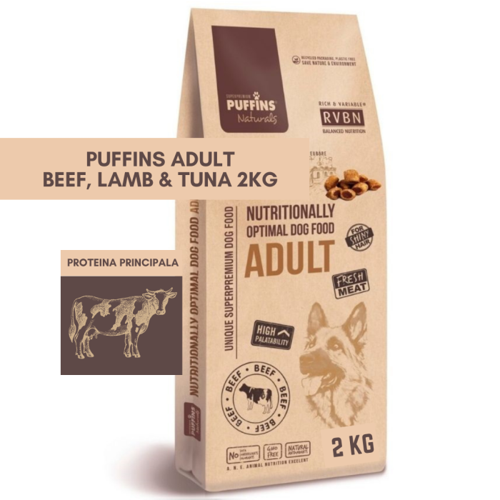 Puffins Adult Beef, Lamb & Tuna 2KG ( Vita. Miel & Ton) Hrana Uscata Caini [1]
