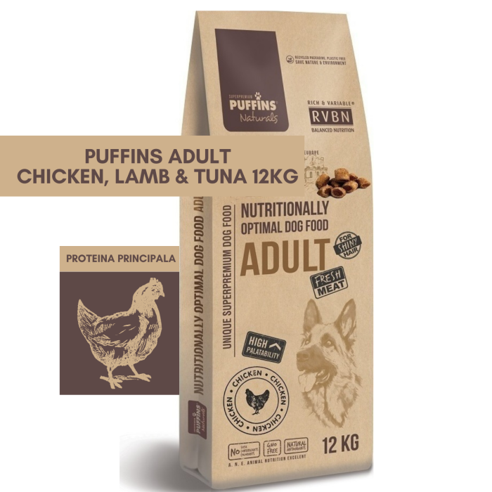 Puffins Adult Chicken, Lamb & Tuna 12KG (Pui, Miel & Ton) Hrana Uscata Caini [1]