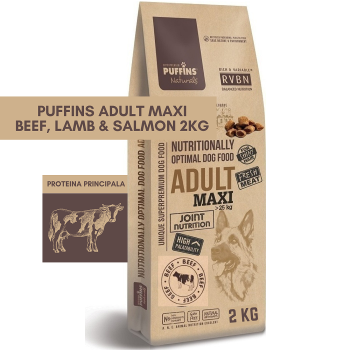 Puffins Adult Maxi Beef , Lamb & Salmon 2KG (vita , miel & somon) Hrana Uscata Caini [1]