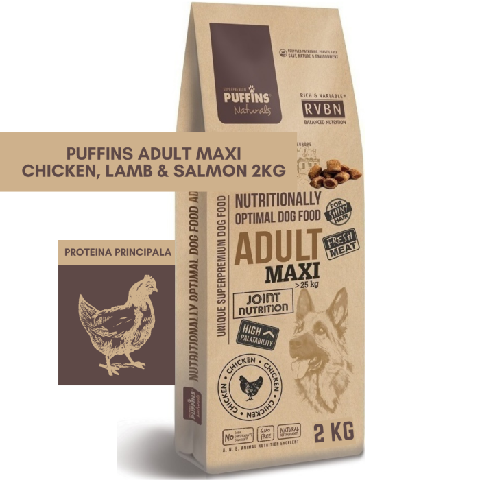 Puffins Adult MAXI Chicken, Lamb & Salmon 2KG (Pui, Miel & Somon) Hrana Premium Caini [1]