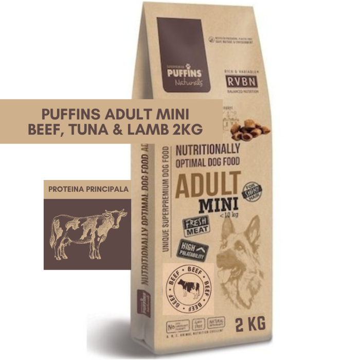 Puffins Adult Mini Beef, Tuna & Lamb 2KG (Vita, Ton & Miel) Hrana Uscata Caini [1]
