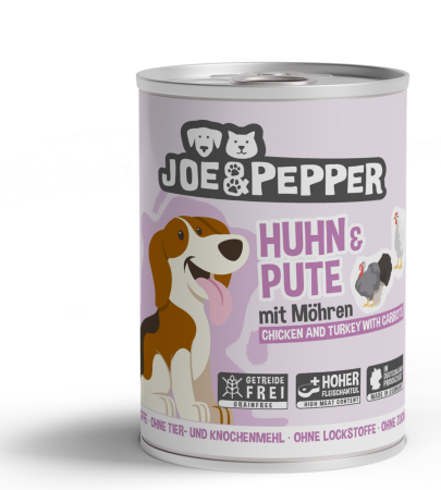 HRANA UMEDA - Joe & Pepper Dog  Chicken and Turkey with carrots 400g (Pui & Curcan cu Morcovi)
