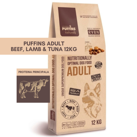 HRANA USCATA - Puffins Adult Beef, Lamb & Tuna 12KG ( Vita. Miel & Ton) Hrana Uscata Caini