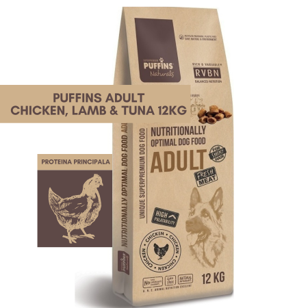 HRANA USCATA - Puffins Adult Chicken, Lamb & Tuna 12KG (Pui, Miel & Ton) Hrana Uscata Caini