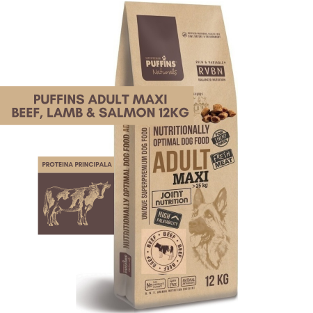 HRANA USCATA - Puffins Adult Maxi Beef , Lamb & Salmon 12KG (vita , miel & somon) Hrana Uscata Caini