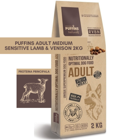 HRANA USCATA - Puffins Adult Medium Sensitive Lamb & Venison 2KG  (Miel & Caprioara) Hrana Uscata Caini