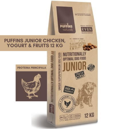 HRANA USCATA - Puffins Junior Chicken, Yoghurt & Fruits 12KG (Pui, Iaurt & Fructe) Hrana Premium Caini