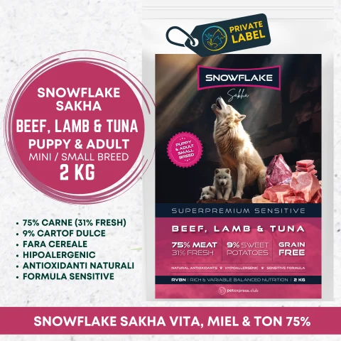HRANA USCATA - Snowflake Sakha Beef, Lamb and Tuna Puppy & Adult Small Breed Sensitive 2kg