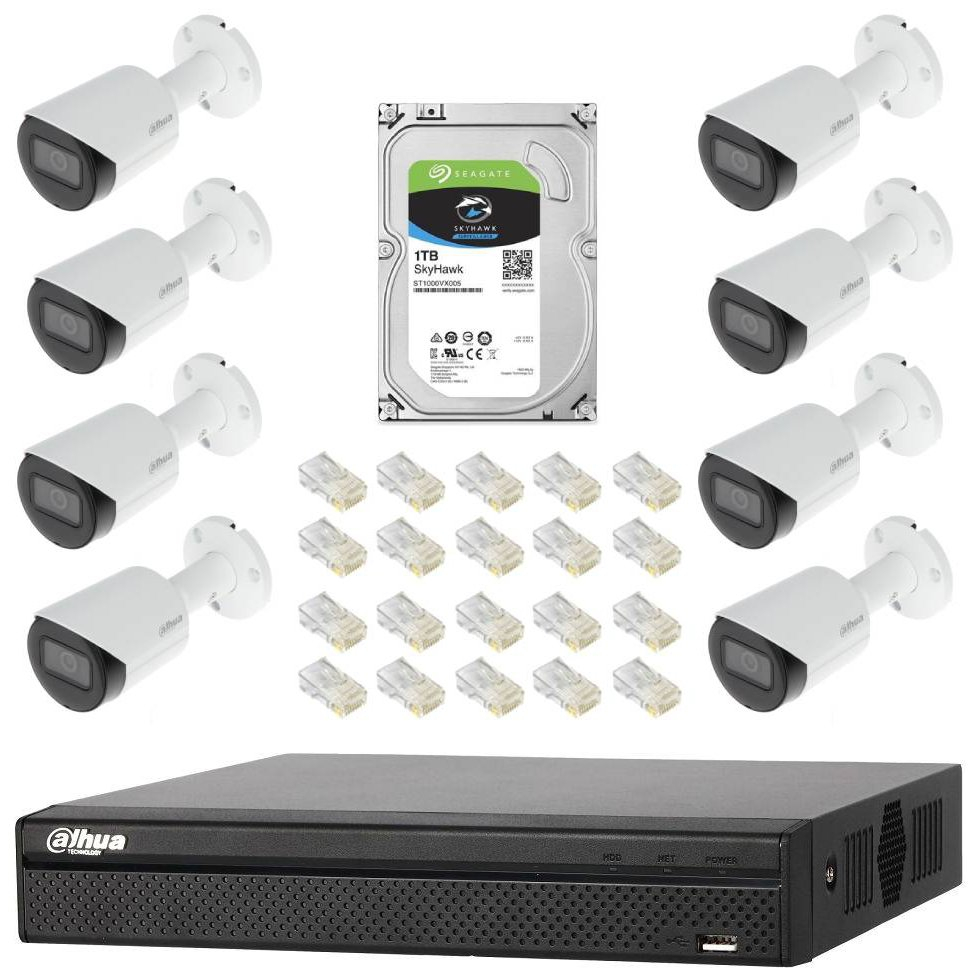 Sistem de supraveghere Dahua IP complet, format din NVR Dahua cu 8 canale si 8 porturi POE - ce suporta camere IP de pana la 8MP. In completare, sistemului i s-a adaugat un HDD Seagate SkyHawk de 2TB  [1]