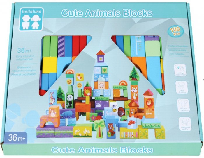 100 de cuburi din lemn pentru construit – Cute Animals 3 ani [4]