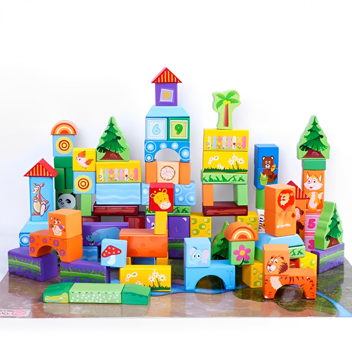 100 de cuburi din lemn pentru construit – Cute Animals 3 ani [3]