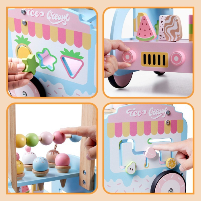 Antepremergător din lemn 3 în 1 – căruț cu înghețată, sortator forme și abac [3]