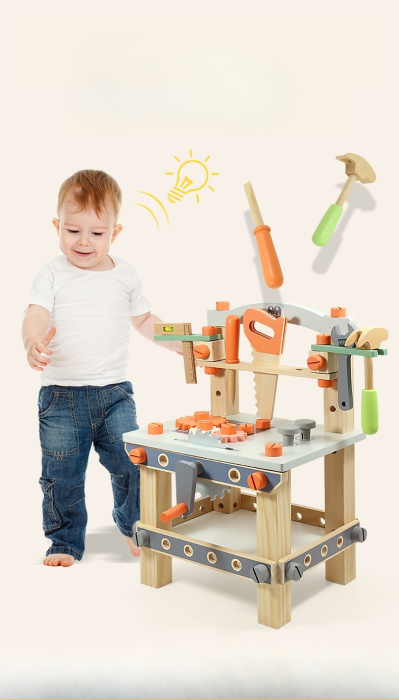 Banc de scule din lemn pentru copii cu 63 de piese – set educativ multicolor [3]