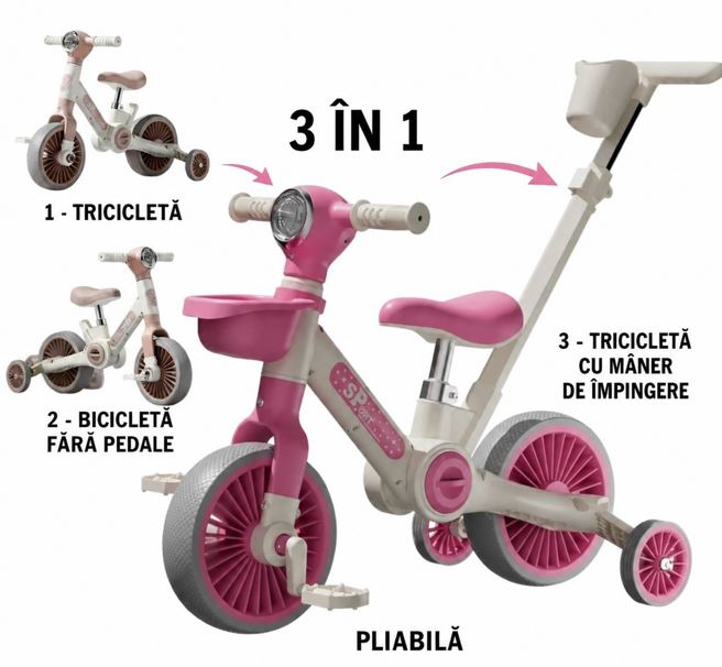 Bicicletă transformabilă 3 în 1 Pink Ride cu lumini și sunete [2]