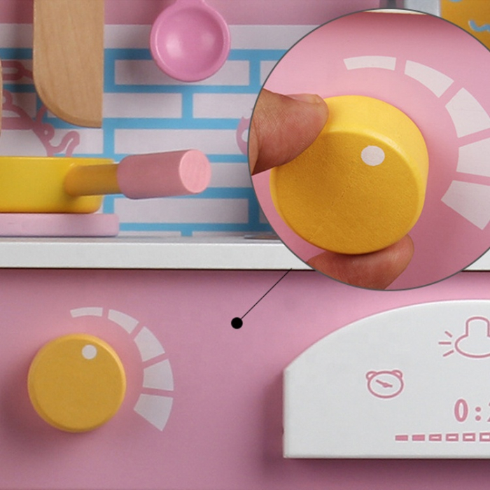 Bucătărie de jucărie din lemn cu frigider, cuptor și accesorii – model roz [4]