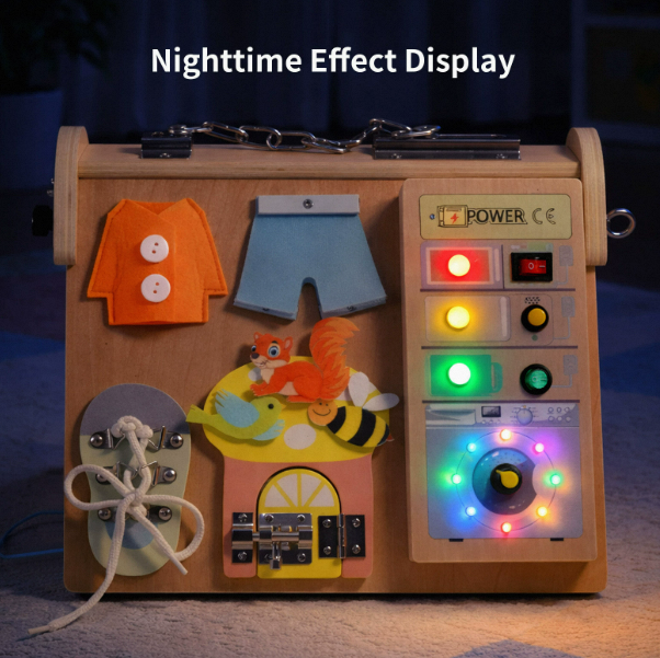 Busy Board Montessori din lemn cu lumini LED și 4 zone de activități [5]